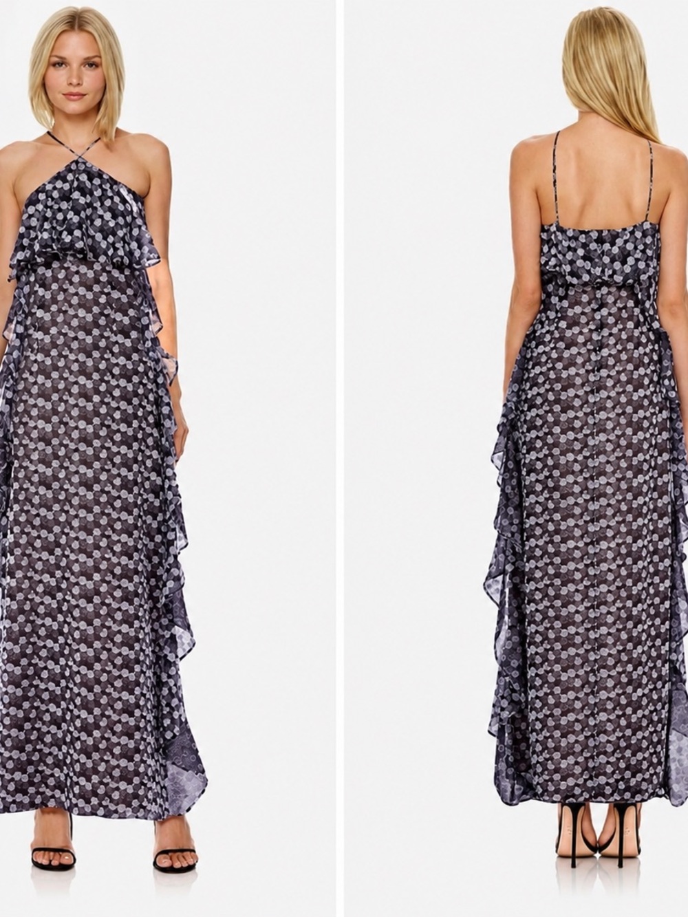 Jewel Badgley Mischka Alix Printed Popover Maxi Dress Ruffle Halter Size 4